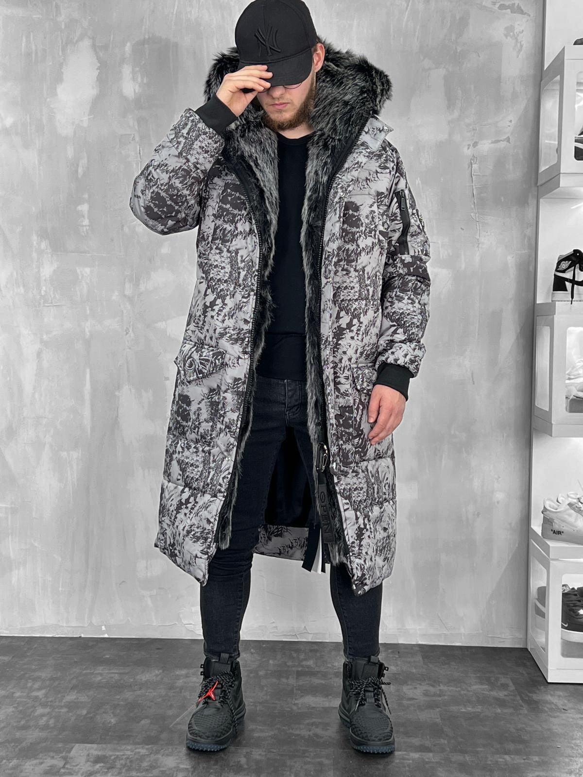 Dağ Desen Gri Kürklü Mont KBN3810