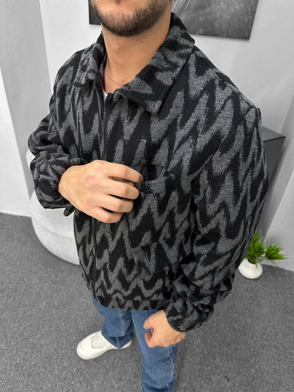 Zigzag Desenli Gri Yün Ceket CKT7624
