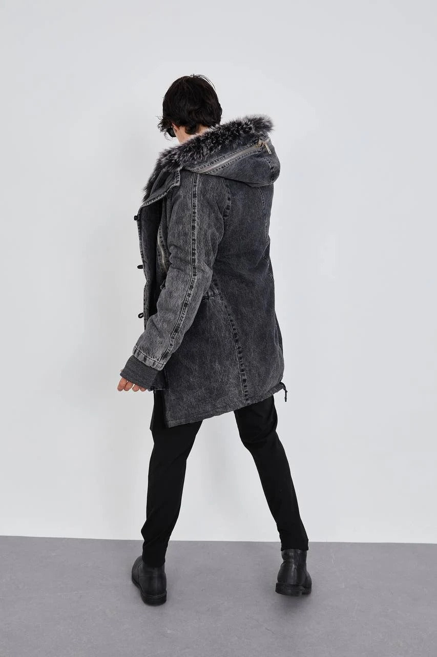 Kürklü Gri Denim Mont KBN3705